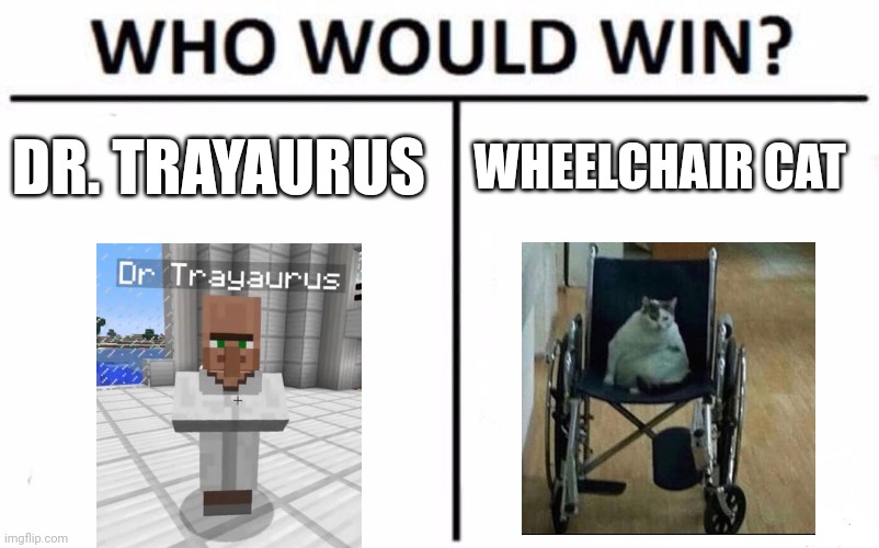 Trayaurus vs wheelchair cat | DR. TRAYAURUS; WHEELCHAIR CAT | image tagged in memes,who would win,dantdm,minecraft,jpfan102504 | made w/ Imgflip meme maker