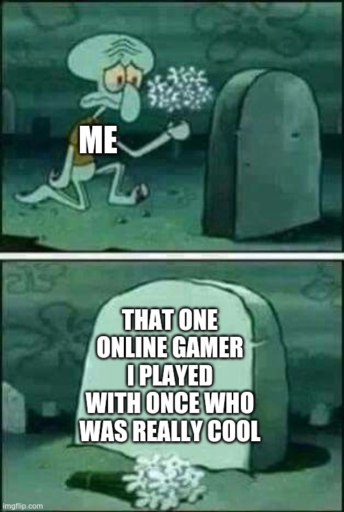 grave spongebob | ME; THAT ONE ONLINE GAMER I PLAYED WITH ONCE WHO WAS REALLY COOL | image tagged in grave spongebob | made w/ Imgflip meme maker
