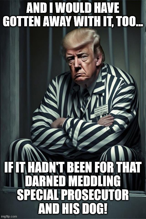 Trump in jail | AND I WOULD HAVE GOTTEN AWAY WITH IT, TOO... IF IT HADN'T BEEN FOR THAT
DARNED MEDDLING
SPECIAL PROSECUTOR
AND HIS DOG! | image tagged in trump in jail | made w/ Imgflip meme maker