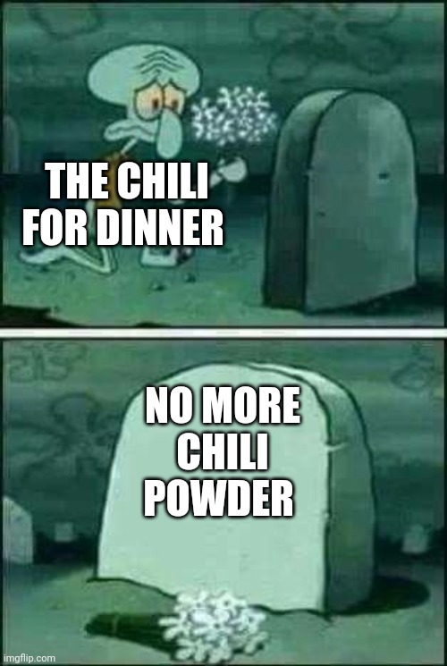 No more chili powder | THE CHILI FOR DINNER; NO MORE CHILI POWDER | image tagged in grave spongebob | made w/ Imgflip meme maker
