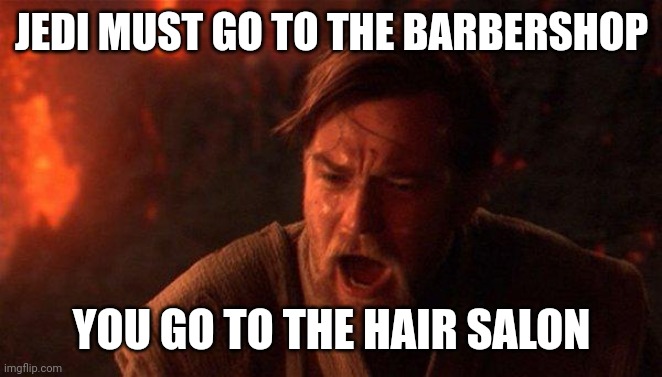 Haircut rules | JEDI MUST GO TO THE BARBERSHOP; YOU GO TO THE HAIR SALON | image tagged in memes,you were the chosen one star wars | made w/ Imgflip meme maker