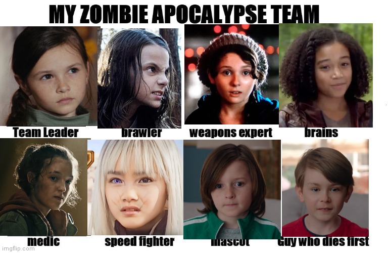 One is immune, three have actually survived an apocalypse, four have super powers, and two can use a gun. | image tagged in my zombie apocalypse team | made w/ Imgflip meme maker