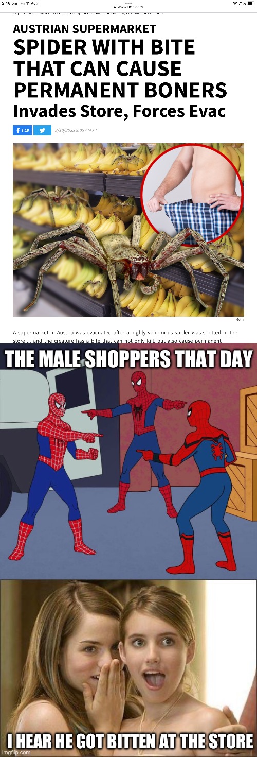 The spider what? | THE MALE SHOPPERS THAT DAY; I HEAR HE GOT BITTEN AT THE STORE | image tagged in spider man triple,girls gossiping,erection,store | made w/ Imgflip meme maker