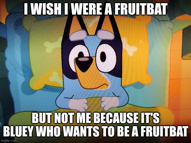 Bluey in bed | I WISH I WERE A FRUITBAT; BUT NOT ME BECAUSE IT'S BLUEY WHO WANTS TO BE A FRUITBAT | image tagged in bluey in bed,bottom text,bluey | made w/ Imgflip meme maker