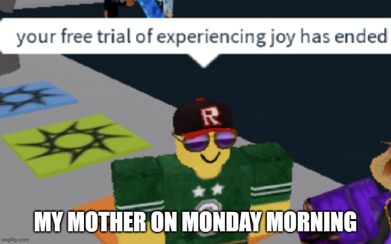 Monday and Me | MY MOTHER ON MONDAY MORNING | image tagged in your free trial of experiencing joy has ended | made w/ Imgflip meme maker