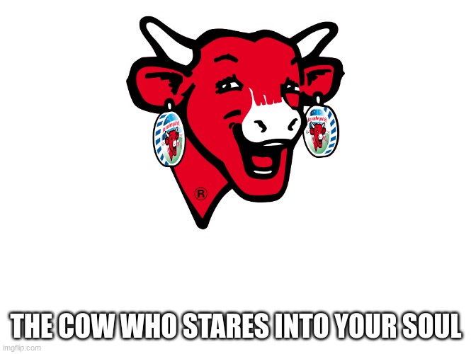 La vache qui rit | THE COW WHO STARES INTO YOUR SOUL | image tagged in la vache qui rit | made w/ Imgflip meme maker