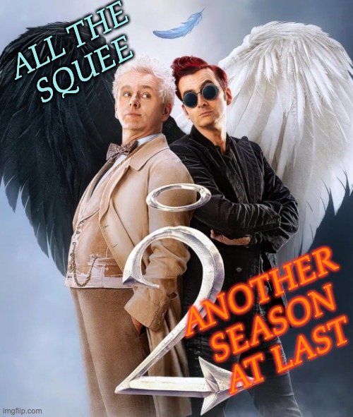 A perfect book became a perfect miniseries became A SECOND SEASON! | ALL THE
SQUEE; ANOTHER
SEASON
AT LAST | image tagged in good omens 2 angel and demon,books,terry pratchett,tv shows | made w/ Imgflip meme maker