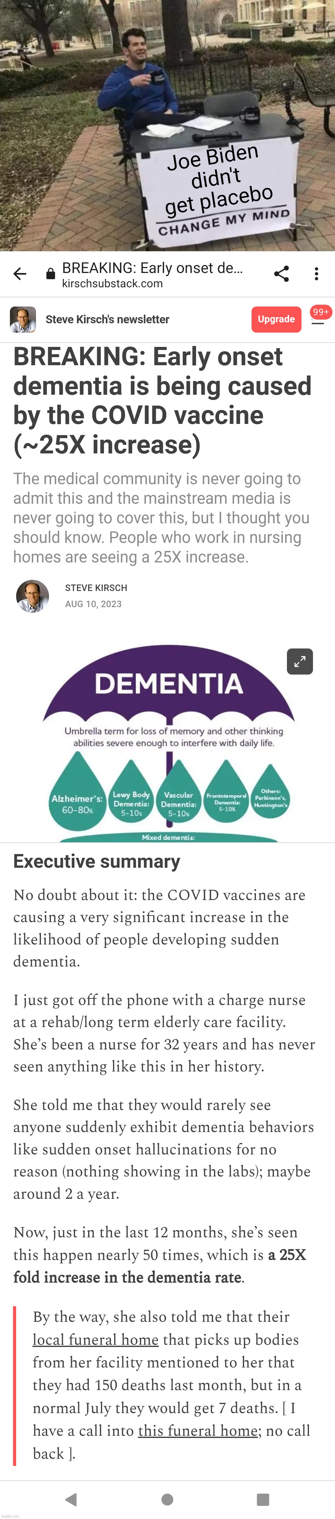 The COVID vaccines are causing a very significant increase in the likelihood of people developing sudden dementia. | Joe Biden didn't get placebo | image tagged in covid_truth memes,joe biden dementia,covid vaccine,steve kirsch substack,memes,change my mind | made w/ Imgflip meme maker