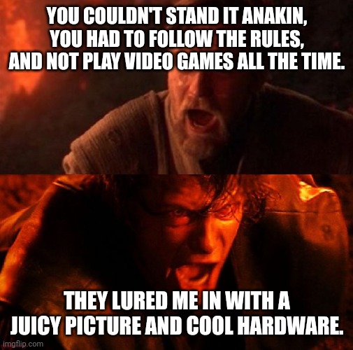 Anakin's fail | YOU COULDN'T STAND IT ANAKIN, YOU HAD TO FOLLOW THE RULES, AND NOT PLAY VIDEO GAMES ALL THE TIME. THEY LURED ME IN WITH A JUICY PICTURE AND COOL HARDWARE. | image tagged in anakin and obi wan | made w/ Imgflip meme maker