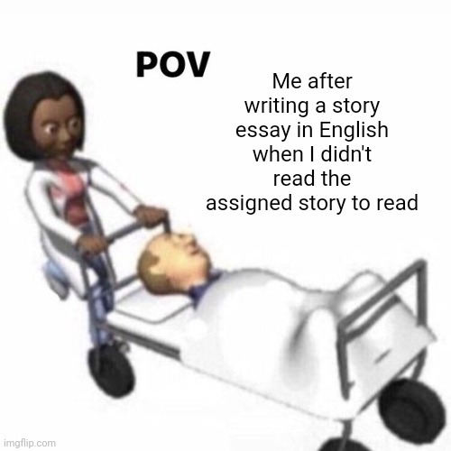 I died inside | Me after writing a story essay in English when I didn't read the assigned story to read | image tagged in pov template,school,essay,english | made w/ Imgflip meme maker