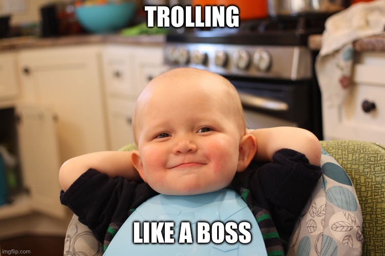 Baby Boss Relaxed Smug Content | TROLLING; LIKE A BOSS | image tagged in baby boss relaxed smug content | made w/ Imgflip meme maker