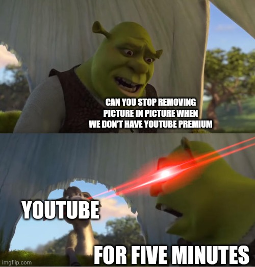 Shrek For Five Minutes | CAN YOU STOP REMOVING PICTURE IN PICTURE WHEN WE DON'T HAVE YOUTUBE PREMIUM; YOUTUBE; FOR FIVE MINUTES | image tagged in shrek for five minutes,picture in picture | made w/ Imgflip meme maker