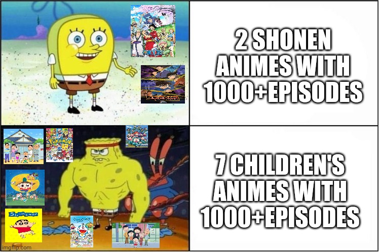 Weak vs Strong Spongebob | 2 SHONEN ANIMES WITH 1000+EPISODES; 7 CHILDREN'S ANIMES WITH 1000+EPISODES | image tagged in weak vs strong spongebob | made w/ Imgflip meme maker