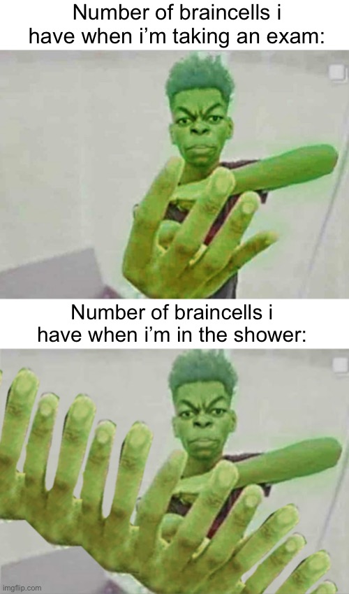 Blud really has infinite iq in the shower | Number of braincells i have when i’m taking an exam:; Number of braincells i have when i’m in the shower: | image tagged in beast boy holding up 4 fingers,memes,funny,relatable,shower thoughts | made w/ Imgflip meme maker