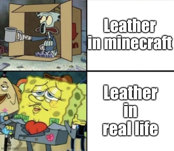 Why tho? | Leather in minecraft; Leather in real life | image tagged in poor squidward vs rich spongebob | made w/ Imgflip meme maker