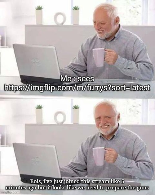 =') | Me : sees https://imgflip.com/m/furrys?sort=latest; Bois, i've just joined this stream like 5 minutes ago but it looks like we need to prepare the guns | image tagged in memes,hide the pain harold | made w/ Imgflip meme maker