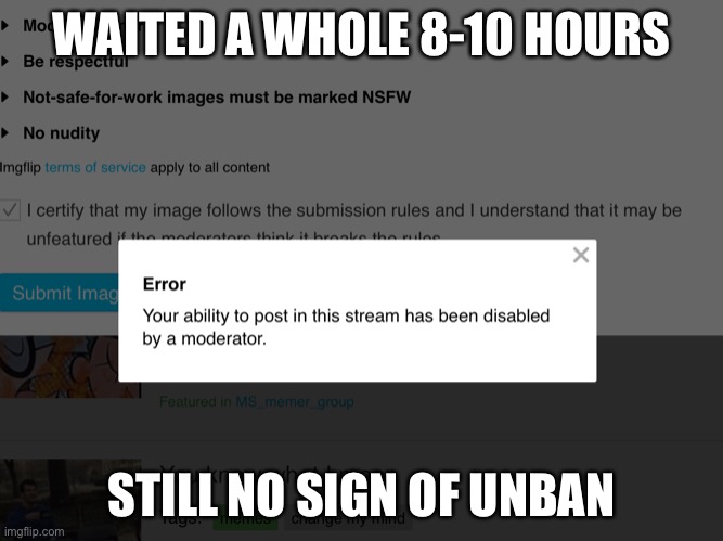 Even more furious | WAITED A WHOLE 8-10 HOURS; STILL NO SIGN OF UNBAN | made w/ Imgflip meme maker