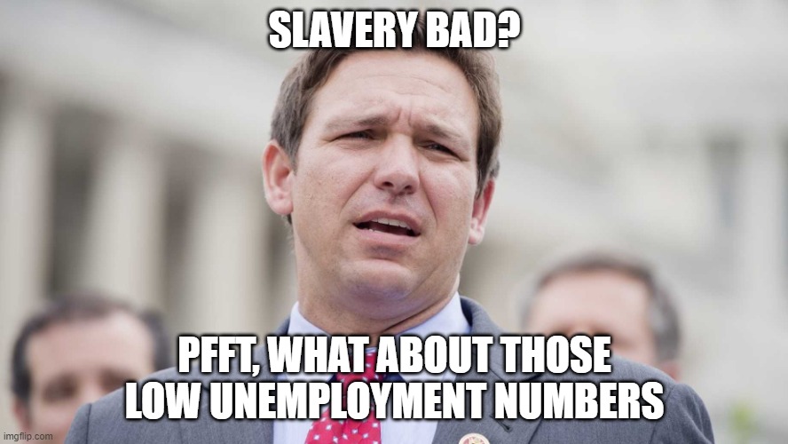 History in Desantistan | SLAVERY BAD? PFFT, WHAT ABOUT THOSE LOW UNEMPLOYMENT NUMBERS | image tagged in ron desantis,gop,slavery,education | made w/ Imgflip meme maker