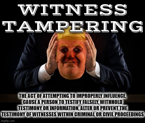 WITNESS TAMPERING | WITNESS
TAMPERING; THE ACT OF ATTEMPTING TO IMPROPERLY INFLUENCE, CAUSE A PERSON TO TESTIFY FALSELY, WITHHOLD TESTIMONY OR INFORMATION, ALTER OR PREVENT THE TESTIMONY OF WITNESSES WITHIN CRIMINAL OR CIVIL PROCEEDINGS | image tagged in witness tampering,lie,false testimony,withhold information,criminal,civil | made w/ Imgflip meme maker