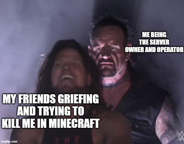 undertaker | ME BEING THE SERVER OWNER AND OPERATOR; MY FRIENDS GRIEFING AND TRYING TO KILL ME IN MINECRAFT | image tagged in undertaker | made w/ Imgflip meme maker