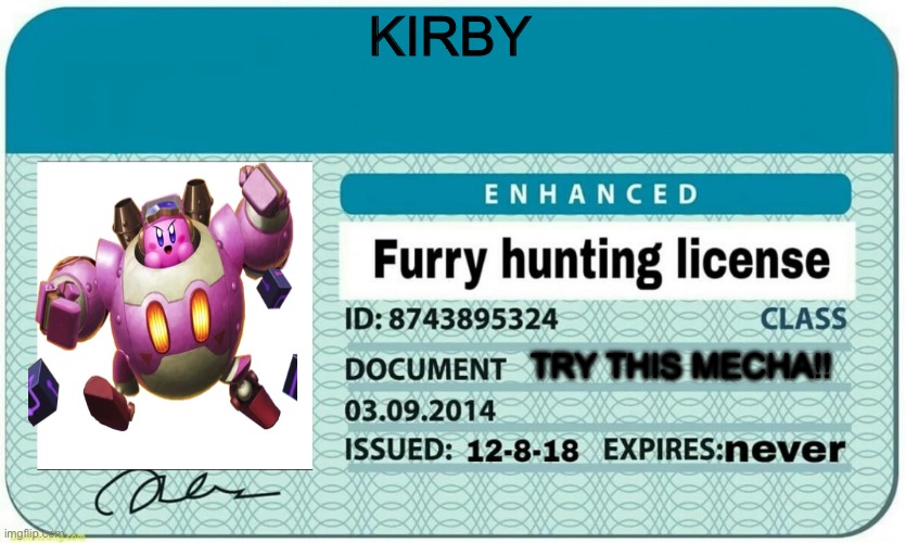 Kirby’s furry hunting license | KIRBY; TRY THIS MECHA!! | image tagged in furry hunting license | made w/ Imgflip meme maker