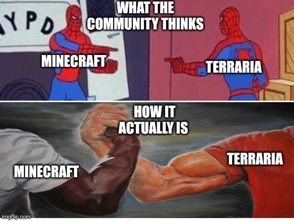 Someone "Terrariais 2D Minecraft!" Me: | WHAT THE COMMUNITY THINKS; MINECRAFT; TERRARIA; HOW IT ACTUALLY IS; TERRARIA; MINECRAFT | image tagged in terraria,minecraft | made w/ Imgflip meme maker