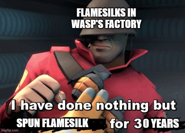 OSHA's going to have a field day with her | FLAMESILKS IN WASP'S FACTORY; SPUN FLAMESILK; 0 YEARS | image tagged in i have done nothing but teleport bread for 3 days,wof | made w/ Imgflip meme maker