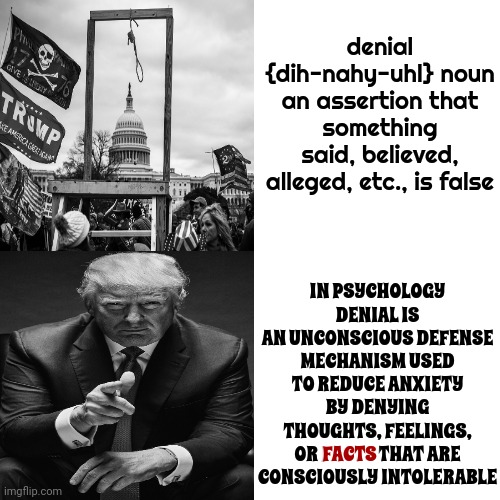 All The Horrible Things You Are Denying About Trump Are True | denial {dih-nahy-uhl} noun
an assertion that something said, believed, alleged, etc., is false; IN PSYCHOLOGY DENIAL IS
AN UNCONSCIOUS DEFENSE MECHANISM USED TO REDUCE ANXIETY BY DENYING THOUGHTS, FEELINGS, OR FACTS THAT ARE CONSCIOUSLY INTOLERABLE; FACTS | image tagged in memes,drake hotline bling,denial,scumbag trump,lock him up,trump lies | made w/ Imgflip meme maker