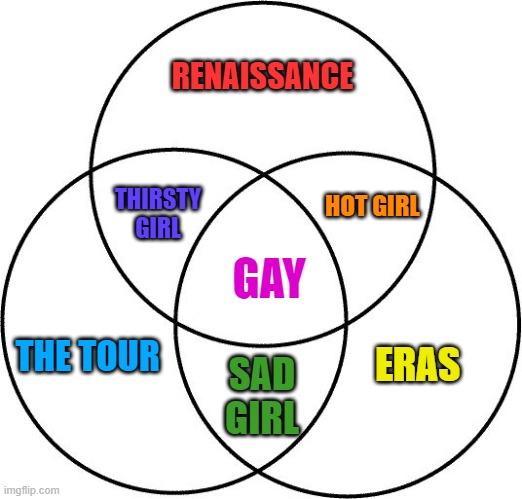 WHAT SUMMER ARE YOU HAVING? | RENAISSANCE; HOT GIRL; THIRSTY GIRL; GAY; THE TOUR; ERAS; SAD GIRL | image tagged in venn diagram,funny,taylor swift,beyonce,boygenius,summer 2023 | made w/ Imgflip meme maker