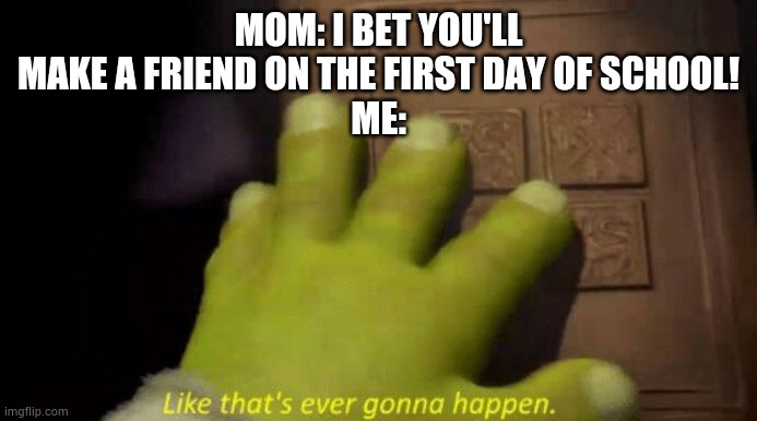 I'm shy so it's slow for to make friends | MOM: I BET YOU'LL MAKE A FRIEND ON THE FIRST DAY OF SCHOOL!
ME: | image tagged in like that's ever gonna happen | made w/ Imgflip meme maker