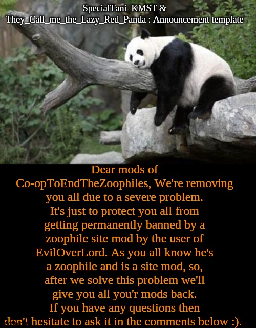 Announcement. | SpecialTani_KMST & They_Call_me_the_Lazy_Red_Panda : Announcement template; Dear mods of Co-opToEndTheZoophiles, We're removing you all due to a severe problem. It's just to protect you all from getting permanently banned by a zoophile site mod by the user of EvilOverLord. As you all know he's a zoophile and is a site mod, so, after we solve this problem we'll give you all you'r mods back. If you have any questions then don't hesitate to ask it in the comments below :). | image tagged in lazy panda,lazy red panda and specialtani_kmst | made w/ Imgflip meme maker