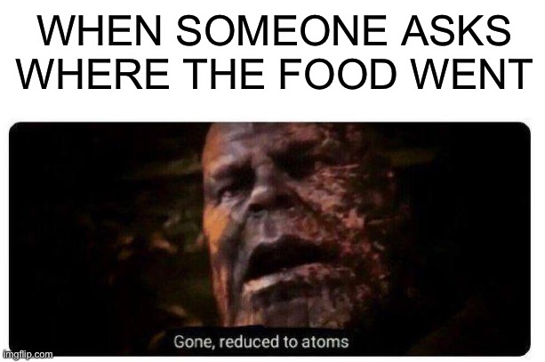 Food | WHEN SOMEONE ASKS WHERE THE FOOD WENT | image tagged in gone reduced to atoms | made w/ Imgflip meme maker
