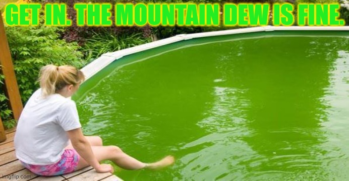 Pool party tonight... | GET IN. THE MOUNTAIN DEW IS FINE. | image tagged in pool,party,mountain dew,suck it down | made w/ Imgflip meme maker