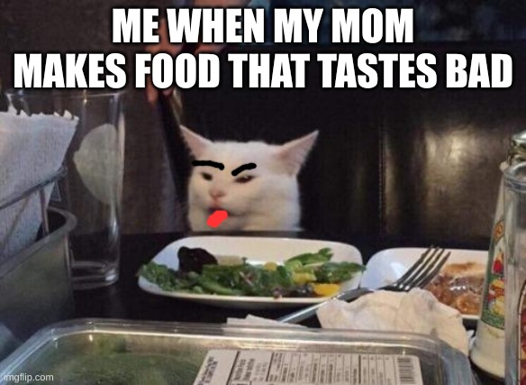 Salad cat | ME WHEN MY MOM MAKES FOOD THAT TASTES BAD | image tagged in salad cat | made w/ Imgflip meme maker