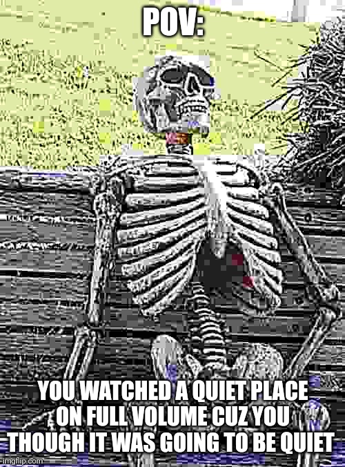 WHAT???? DID YOU SAY SOMETHING???!??!? | POV:; YOU WATCHED A QUIET PLACE ON FULL VOLUME CUZ YOU THOUGH IT WAS GOING TO BE QUIET | image tagged in memes,waiting skeleton | made w/ Imgflip meme maker