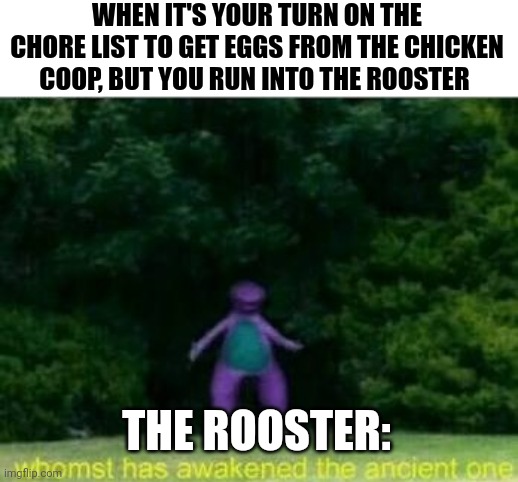 I'm glad my family doesn't own chickens | WHEN IT'S YOUR TURN ON THE CHORE LIST TO GET EGGS FROM THE CHICKEN COOP, BUT YOU RUN INTO THE ROOSTER; THE ROOSTER: | image tagged in whomst has awakened the ancient one | made w/ Imgflip meme maker