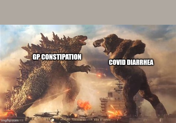 King kong VS Godzilla | GP CONSTIPATION; COVID DIARRHEA | image tagged in king kong vs godzilla,Gastroparesis | made w/ Imgflip meme maker