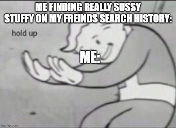 We all have that one freind(IDK if it is true but that is true for me) | ME FINDING REALLY SUSSY STUFFY ON MY FREINDS SEARCH HISTORY:; ME: | image tagged in fallout hold up | made w/ Imgflip meme maker