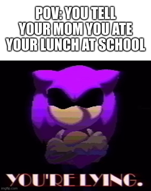 Welp, nack to the unfunny memes! | POV: YOU TELL YOUR MOM YOU ATE YOUR LUNCH AT SCHOOL | image tagged in needlemouse you're lying,unfunny | made w/ Imgflip meme maker