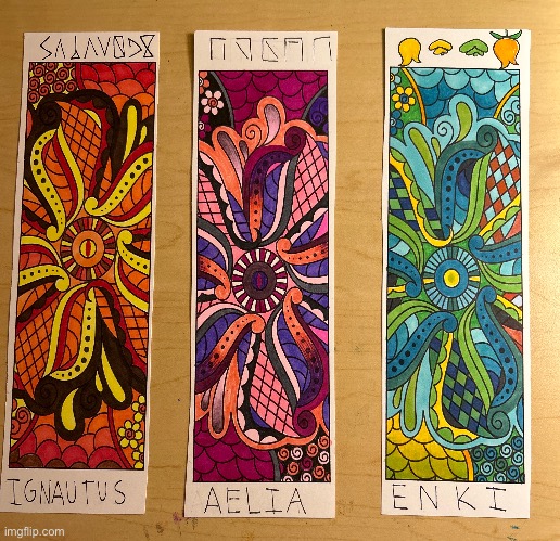 Bookmarks I started a year ago, lost, found again and finally finished! Based on the 3 gods of Pangea :3 | made w/ Imgflip meme maker