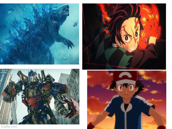 Heroes | image tagged in pokemon,transformers,godzilla,demon slayer | made w/ Imgflip meme maker