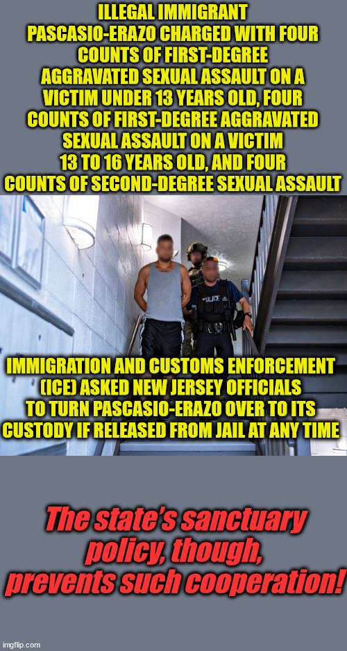 ILLEGAL IMMIGRANT PASCASIO-ERAZO CHARGED WITH FOUR COUNTS OF FIRST-DEGREE AGGRAVATED SEXUAL ASSAULT ON A VICTIM UNDER 13 YEARS OLD, FOUR COUNTS OF FIRST-DEGREE AGGRAVATED SEXUAL ASSAULT ON A VICTIM 13 TO 16 YEARS OLD, AND FOUR COUNTS OF SECOND-DEGREE SEXUAL ASSAULT; IMMIGRATION AND CUSTOMS ENFORCEMENT (ICE) ASKED NEW JERSEY OFFICIALS TO TURN PASCASIO-ERAZO OVER TO ITS CUSTODY IF RELEASED FROM JAIL AT ANY TIME; The state’s sanctuary policy, though, prevents such cooperation! | image tagged in liberal logic,sanctuary cities,illegal immigration | made w/ Imgflip meme maker
