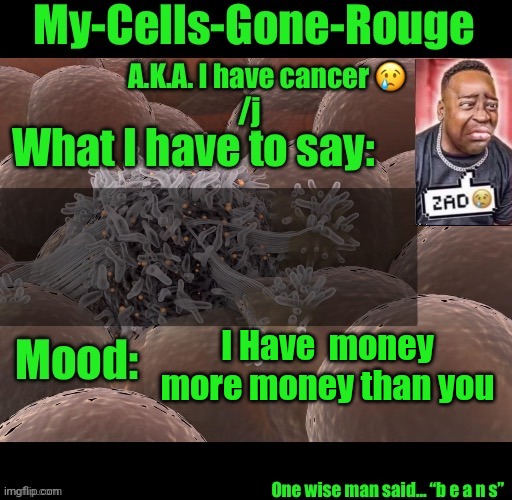 My-Cells-Gone-Rouge announcement | I Have  money more money than you | image tagged in my-cells-gone-rouge announcement | made w/ Imgflip meme maker