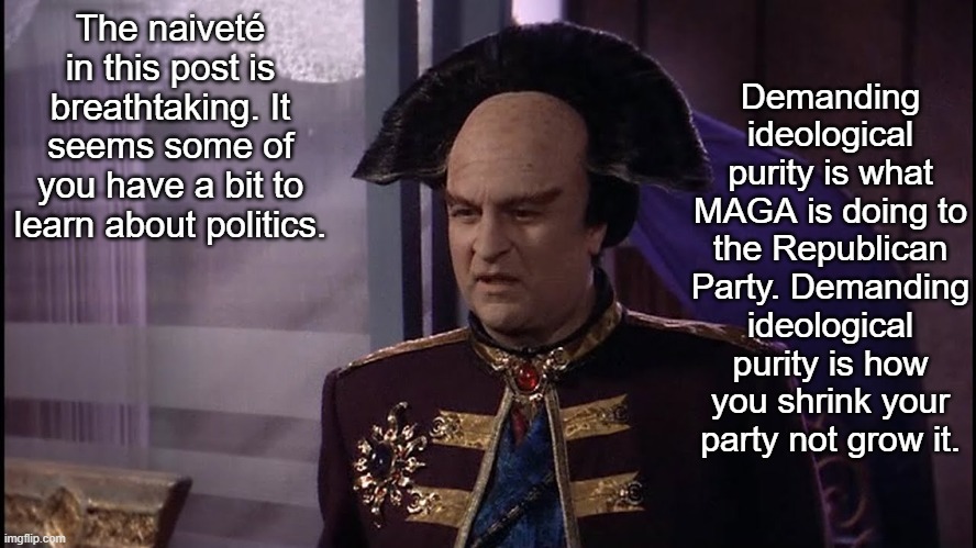 Londo Mollari Wide Angle | The naiveté in this post is breathtaking. It seems some of you have a bit to learn about politics. Demanding ideological purity is what MAGA | image tagged in londo mollari wide angle | made w/ Imgflip meme maker
