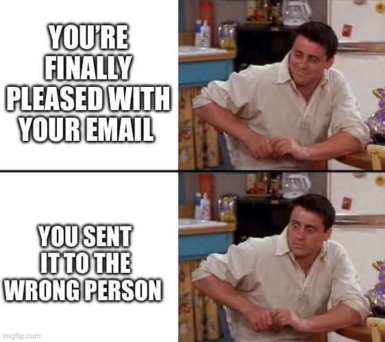 Classic Email Mistake | YOU’RE FINALLY PLEASED WITH YOUR EMAIL; YOU SENT IT TO THE WRONG PERSON | image tagged in surprised joey,email,work | made w/ Imgflip meme maker