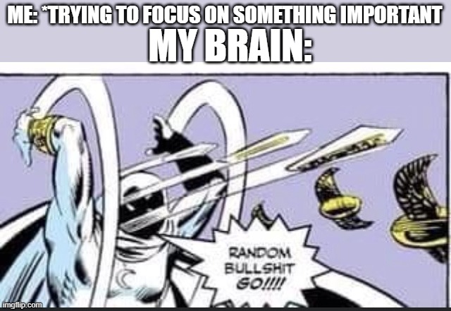 cant concentrate | ME: *TRYING TO FOCUS ON SOMETHING IMPORTANT; MY BRAIN: | image tagged in random bullshit go | made w/ Imgflip meme maker