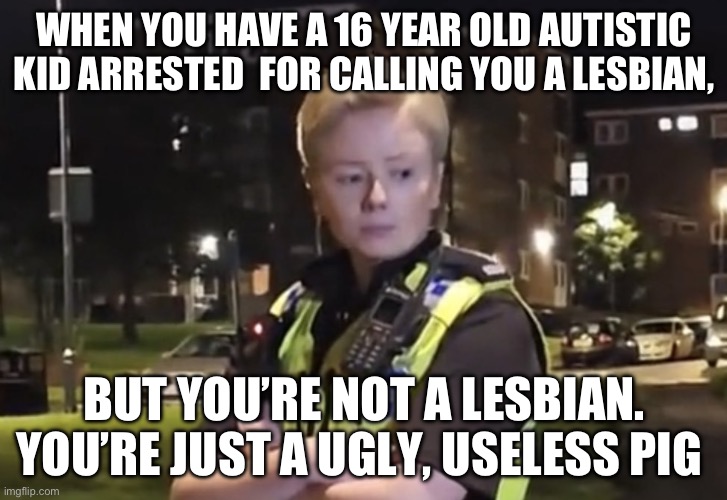 WHEN YOU HAVE A 16 YEAR OLD AUTISTIC KID ARRESTED  FOR CALLING YOU A LESBIAN, BUT YOU’RE NOT A LESBIAN. YOU’RE JUST A UGLY, USELESS PIG | made w/ Imgflip meme maker