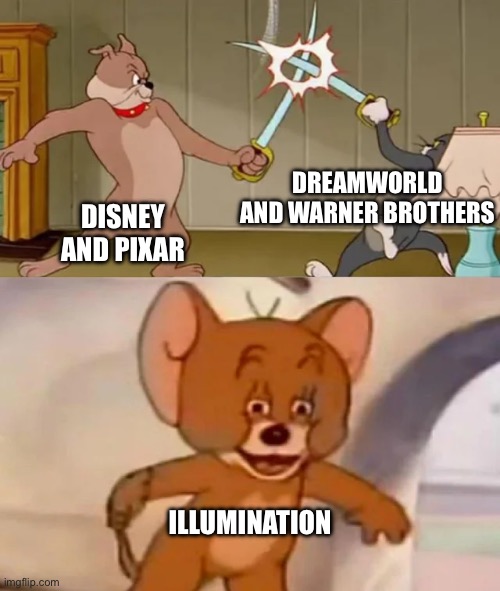 Basically the fight between the movie studios | DREAMWORLD AND WARNER BROTHERS; DISNEY AND PIXAR; ILLUMINATION | image tagged in tom and spike fighting | made w/ Imgflip meme maker