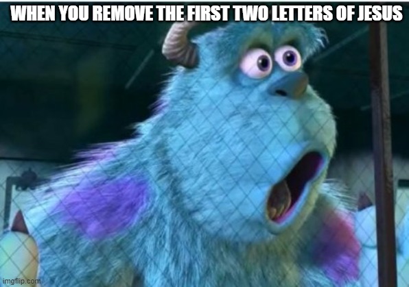 :0 | WHEN YOU REMOVE THE FIRST TWO LETTERS OF JESUS | image tagged in suprised sully,dank memes,clean memes,funny memes | made w/ Imgflip meme maker