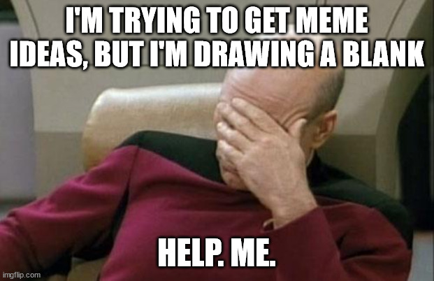 HALP MAH | I'M TRYING TO GET MEME IDEAS, BUT I'M DRAWING A BLANK; HELP. ME. | image tagged in memes,captain picard facepalm,i'm out of ideas,help me | made w/ Imgflip meme maker